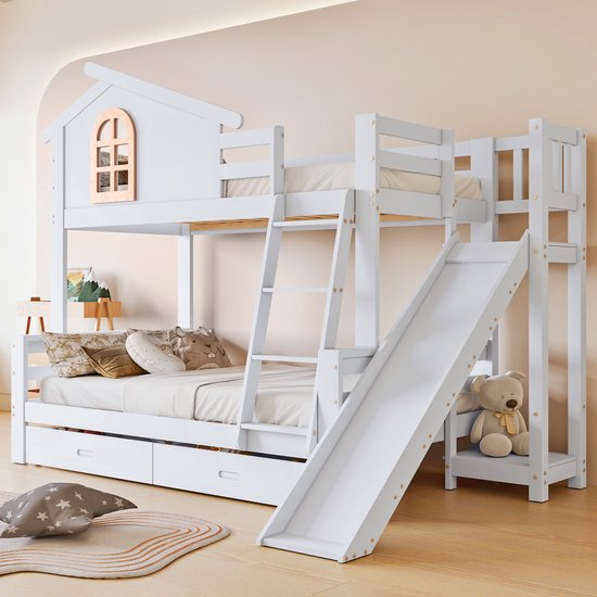 HANNA 90x200/120x200 Wit Roze Stapelbed Functioneel Bed met Trap Kinder Meubels Stapelbedden Kinderbedden - Kinder Meubels 24