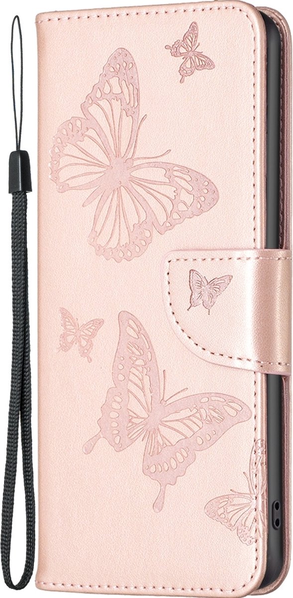 Mobigear Telefoonhoesje geschikt voor Apple iPhone 16 Pro Hoesje | Mobigear Butterfly Bookcase Portemonnee | Pasjeshouder voor 2 Pasjes | Telefoonhoesje voor Pinpas / OV Kaart / Rijbewijs - Roségoud