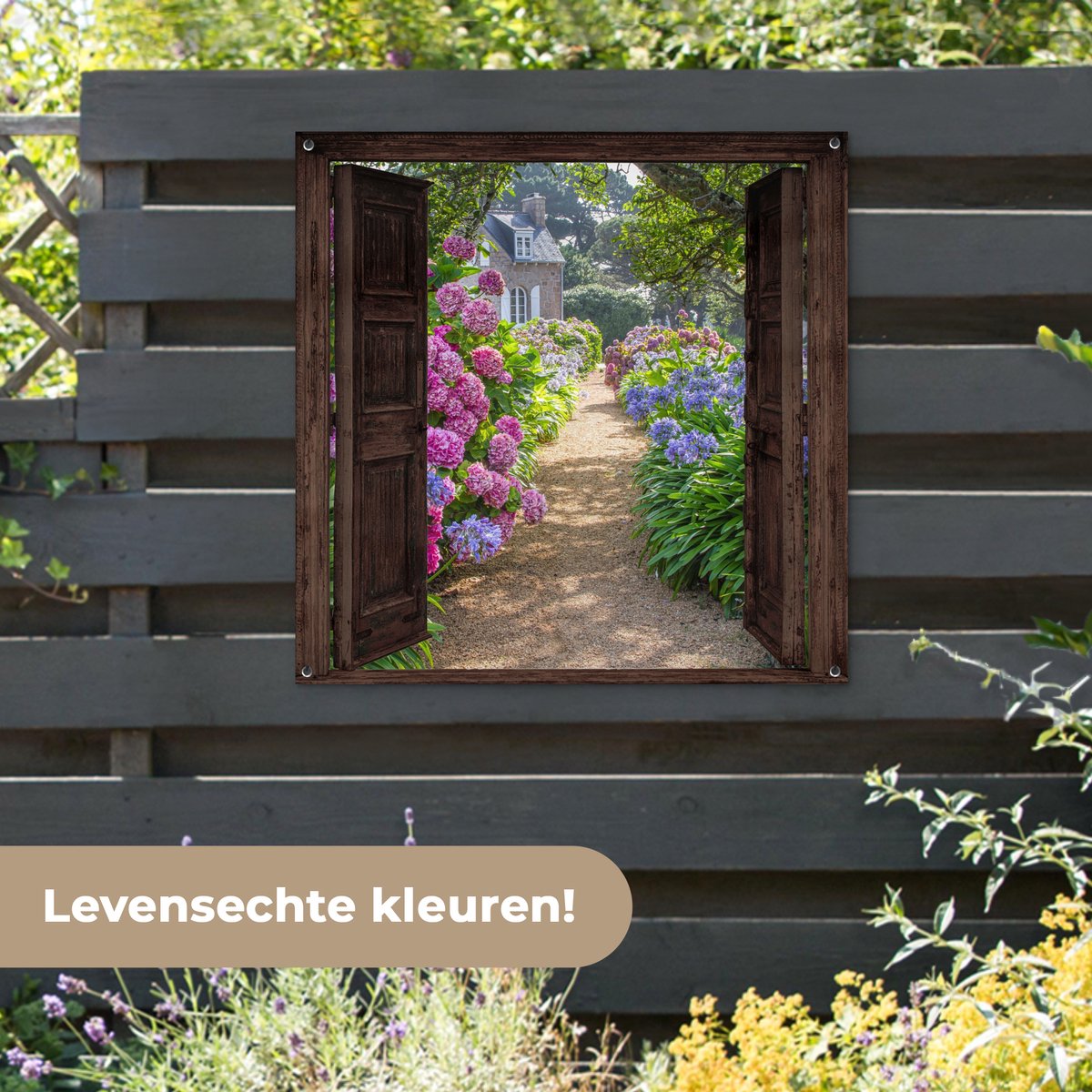 tuinposter 95x130 cm Openslaande deuren: hortensia tuin tuinposter 95x130 cm Openslaande deuren: hortensia tuin