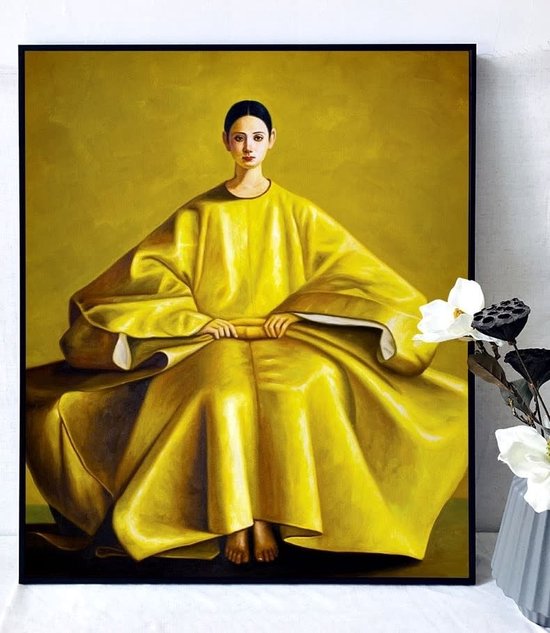 Fine Asianliving Oil Painting 100% Handpainted Black Frame 80x80cm Chinese Woman Yellow