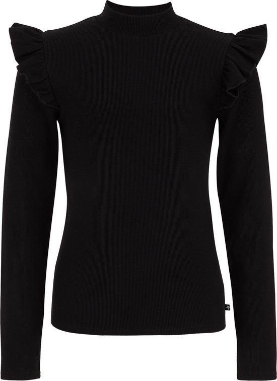 Zwart geribd T-shirt met lange mouwen en ruches op de schouders. Klein logo op de zijkant.