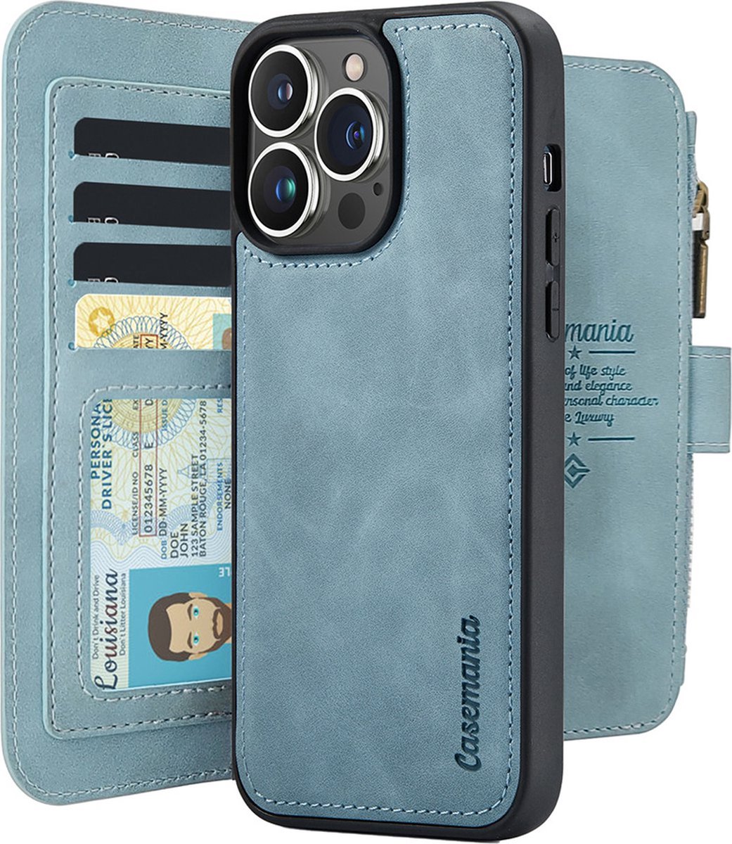 CaseMania Bookcase hoesje geschikt voor iPhone 15 Pro - Effen Aqua - Kunstleer - Portemonnee met 14 Vakjes voor Pasjes en Ritsvak