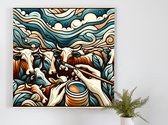 Olieverf koeien schilderij | Levendige kudde geschilderd in prachtige olieverf kunstwerk koeien | Kunst - 60x60 centimeter op Forex | Foto op Forex