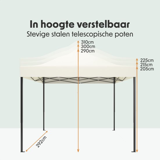 Afmetingen van een beige partytent: 292cm breed, 310cm, 300cm, 290cm hoog en 225cm, 215cm, 205cm zijhoogte.