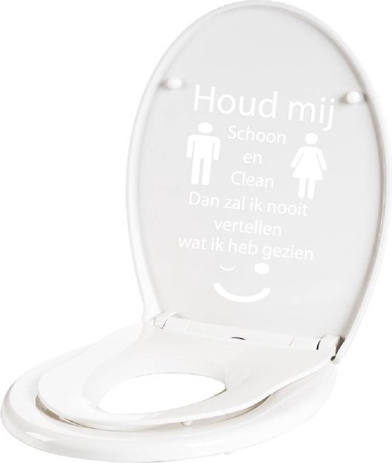Abattant de toilette blanc avec le texte 'Houd mij Schoon en Clean'. Avec des pictogrammes d'homme et de femme et un visage souriant.
