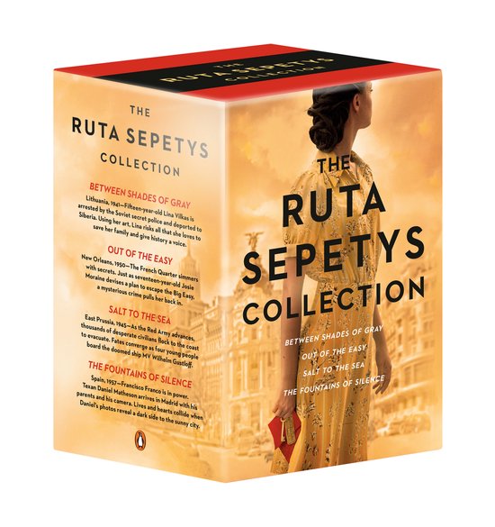 De Ruta Sepetys Collection, een box met 4 boeken, met op de voorkant een vrouw in een gele jurk.