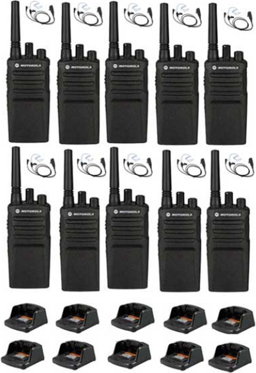 Set van 10 Motorola XT420 UHF IP55 PMR446 met laders en beveiliging oortje M1 2-Pins