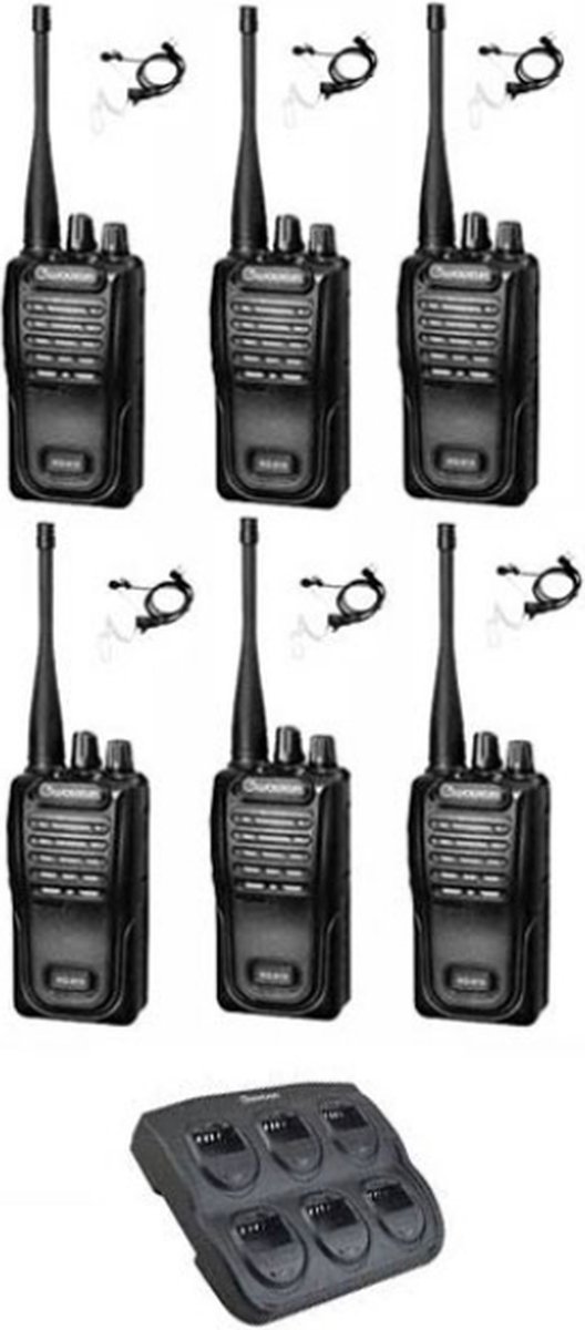 Set van 6 Wouxun KG-819 UHF Portofoons met multilader en beveiliging oortje