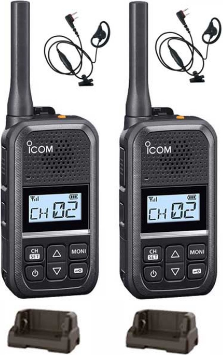 Set van 2 Icom IC-U20SR IP54 mini Portofoon met tafel lader en D-shape oortje