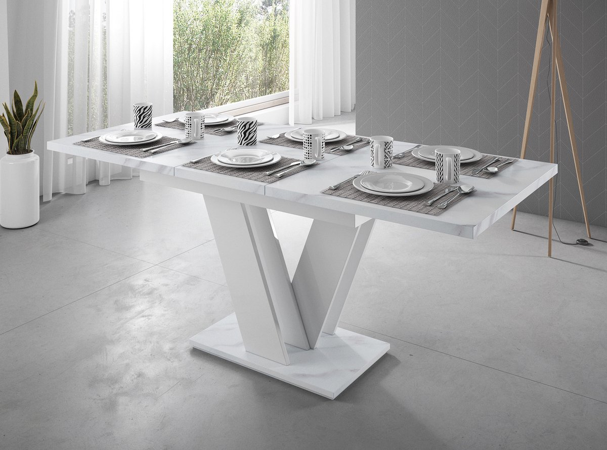 Meubella - Eetkamertafel Moris - Wit marmerlook 160cm - Uitschuifbaar
