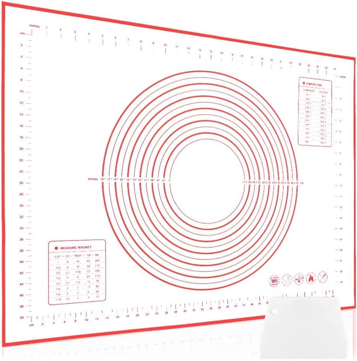 Siliconen bakmat siliconen bakmat antislip 80 x 60 cm deegmat met antiaanbaklaag bakmat met maatvoering rolmat voor fondantgebakpizza BPA-vrij (rood + 1 schraper)