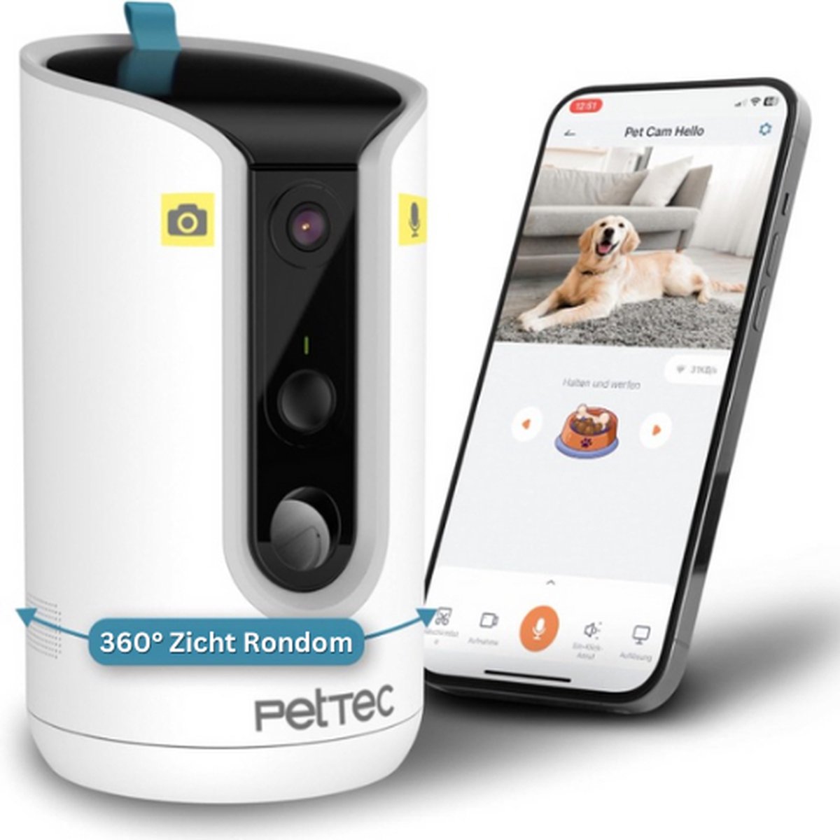 PetTec® Hondencamera - Hondencamera Met App - Indoor Camera - Huisdiercamera - Petcam - Pet Camera - Huisdier Camera - Geschikt Voor Honden / Katten / Huisdieren
