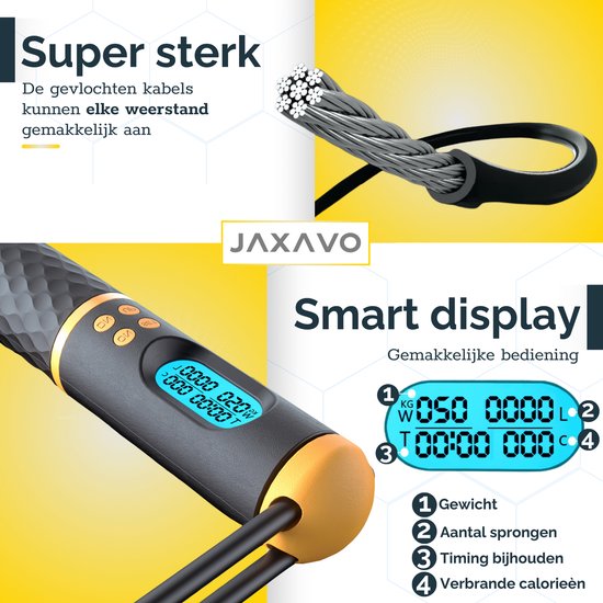 Jaxavo - Corde à sauter Smart - Corde à sauter sans fil / lestée - Avec compteur de calories - Perdre du poids - Adultes - Fitness - Zwart
