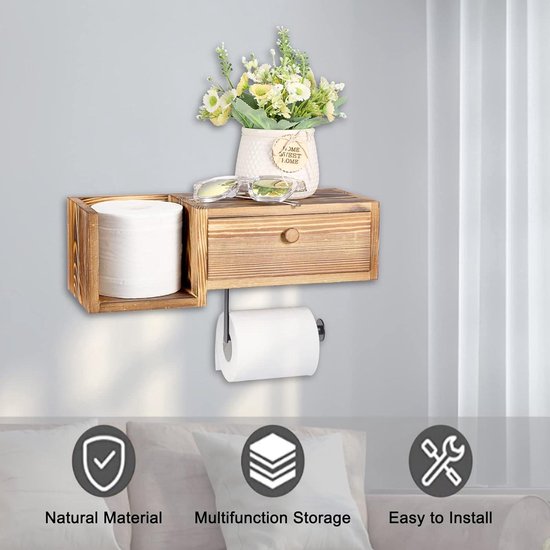 Houten wandgemonteerde toiletpapierhouder met plank en lade - badkamer opbergdoos toiletpapierrolhouder met doorspoelbare doekjesdispenser . Toilet Paper Holder van Moaere — afbeelding 3