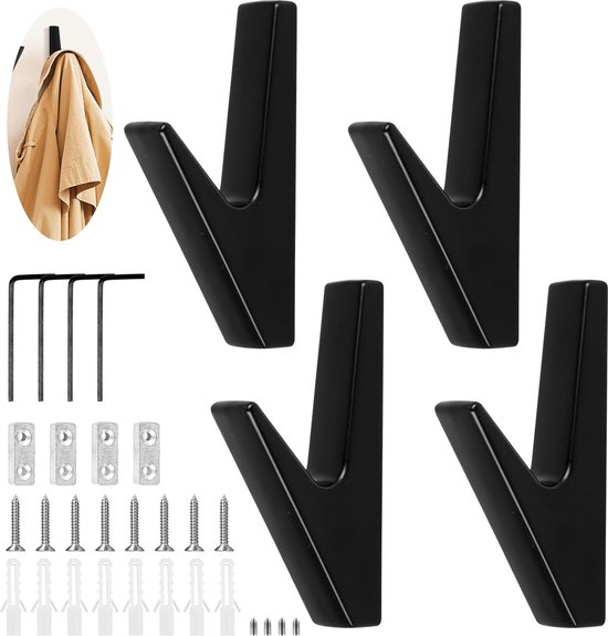 Garderobehaken, 4 stuks, kledinghaken, zwart, haken voor akoestische panelen,