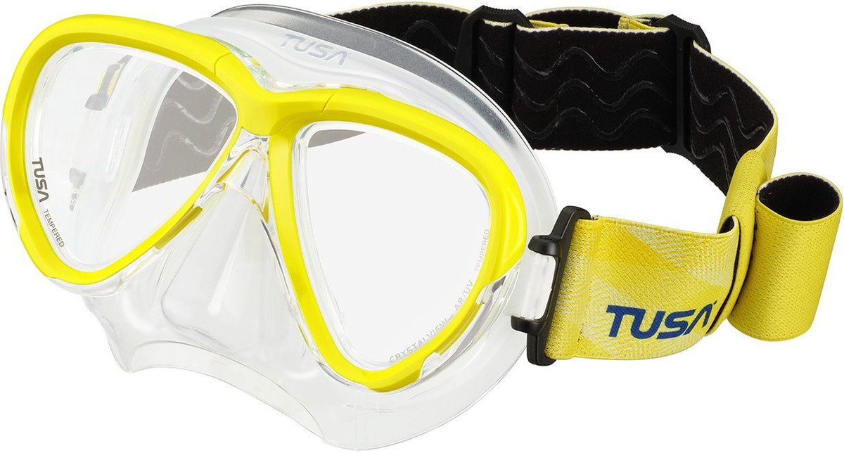 TUSA Intega - Premium snorkelmasker & duikbril van hypoallergeen siliconen met breed gezichtsveld en 3D SYNQ pasvorm met stoffen maskerband - Transparant/Flash Yellow - M2004F FY