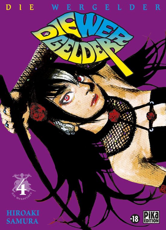 Couverture de 'Die Wergelder 4' avec une femme aux cheveux noirs, aux yeux rouges, et une bouche frappante, sur un fond violet. Texte : DIE WER GELD ER.