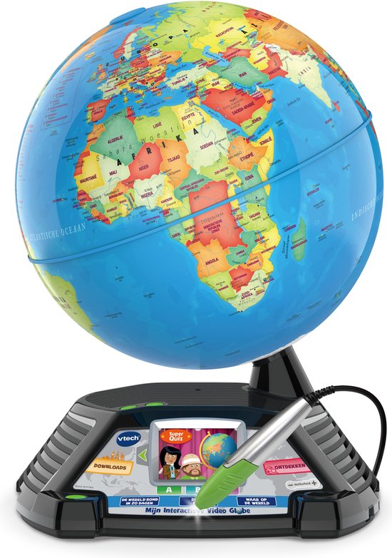 Interactieve wereldbol met pen. De wereldbol is blauw met kleurrijke continenten. Het scherm toont 'Super Quiz'.