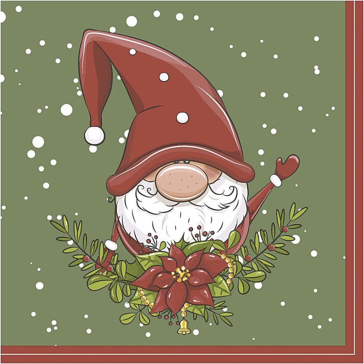 Paperdesign Kerstservetten - 40x - kerst elf - groen/rood - 33 x 33 cm - 3 laags - Kerstdiner - Tafeldecoratie wegwerp servetten