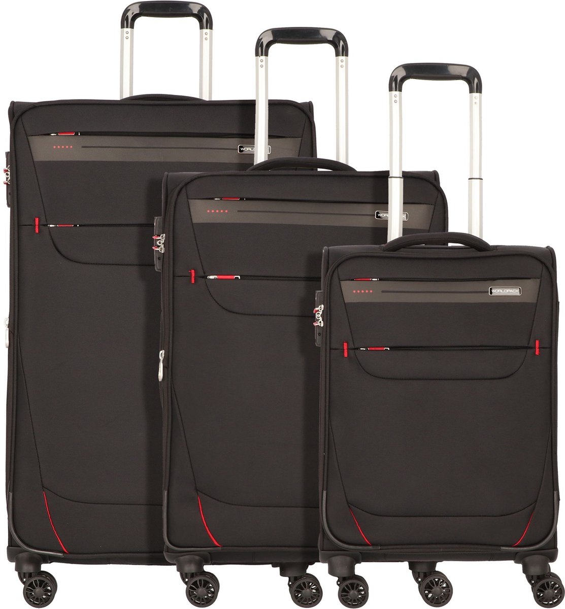 Worldpack Denver 4 wielen Kofferset 3-delig - Zachte bagage - TSA slot - schwarz