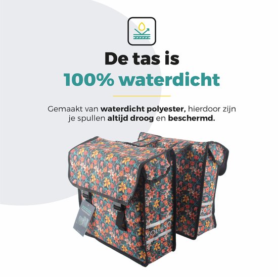 Voltano Dubbele Fietstas Floral Fiesta - Zwart Met Kleurrijke Bloemen - 38 Liter - 100% Waterdicht Polyester - Vrolijke Fietstassen