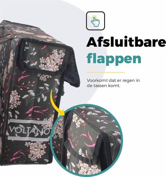 Voltano Dubbele Fietstas Pink Elegance - Grijs Met Bloemen - 38 Liter - 100% Waterdicht Polyester - Vrolijke Fietstassen van Voltano — afbeelding 5