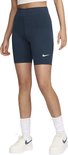 Model in een donkerblauwe Nike outfit: T-shirt en korte tight.