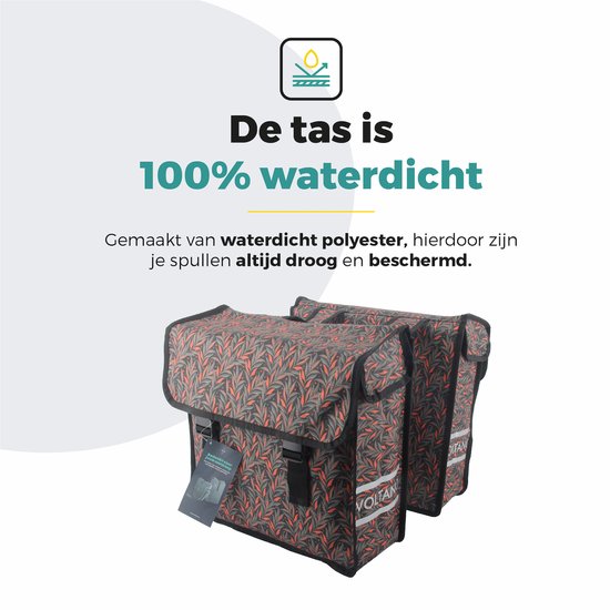 Voltano Dubbele Fietstas Crimson Leaf - Zwarte Met Grijze Bloemen - 38 Liter - 100% Waterdicht Polyester - Vrolijke Fietstassen van Voltano — afbeelding 3