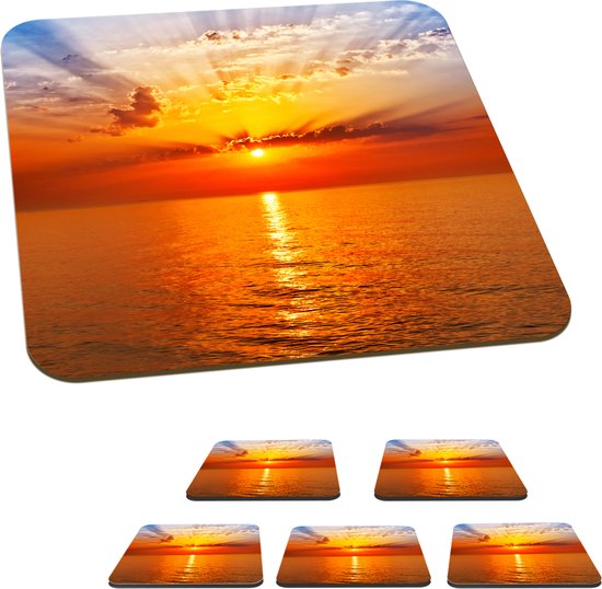 Sous-verres pour verres - Coucher de soleil - Mer - Ciel - Oranje - Horizon - Water - 10x10 cm - Sous-verres en verre - 6 pièces