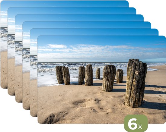 Placemats - 6 stuks - 45x30 cm - Placemat kunststof - Zand - Strand - Paal - Water - Zomer - Borden onderleggers - Decoratie voor op tafel - Keuken tafeldecoratie accessoires - Vinyl onderlegger - Tafelversiering