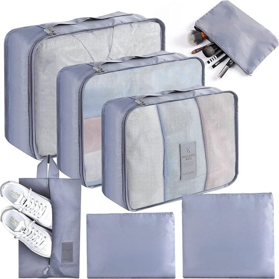 Eucomir Kofferorganizerset, 9 stuks, waterdichte reis-kledingtassen, verpakkingskubussen, uitbreidbare paktassen, bagage-organizer voor reizen of thuis, wit
