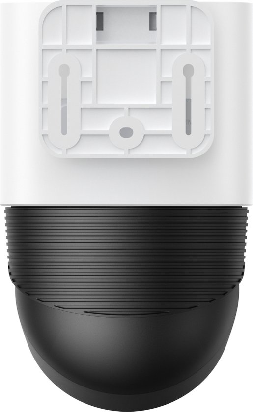 Witte camera met zwarte koepel en montagebeugel.