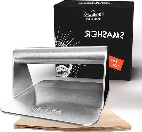 Foto: Grillpers set incl burgerpapier smash burgerpers roestvrij staal voor smash burgers smash burger smasher smashed burgerpers voor barbecue pan teppanyaki plaat