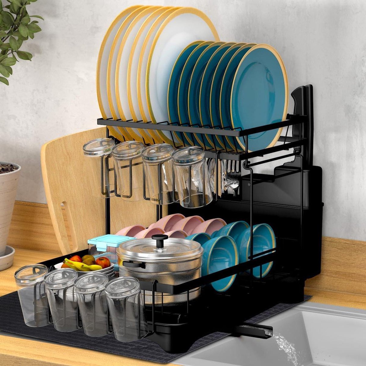 Goedkoopste Afdruiprek 2 niveaus uitneembaar - borden afdruiprek - grote capaciteit - 2 bekerhouders - extra droogmat (zwart) dish drying rack
