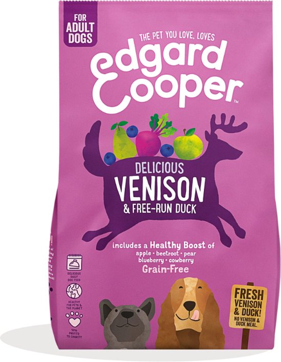 Paarse zak hondenvoer. Met edgard cooper logo. Met 'Delicious Venison & Free-run Duck'.