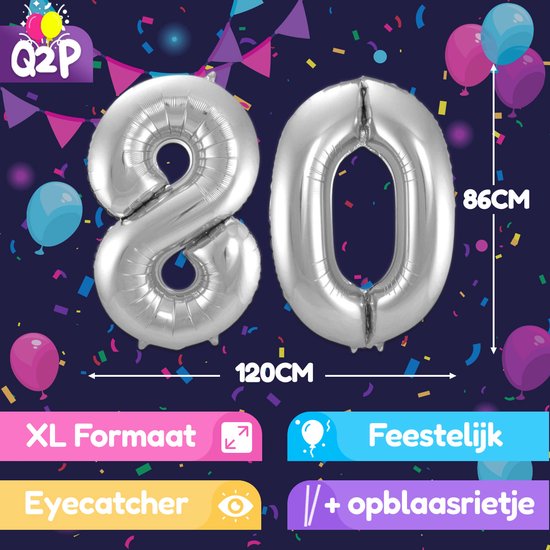 Ballon Numéro 80 Ans Argent Hélium Ballons Décoration D'anniversaire Numéro Ballon Décoration De Fête Avec Paille - 86cm