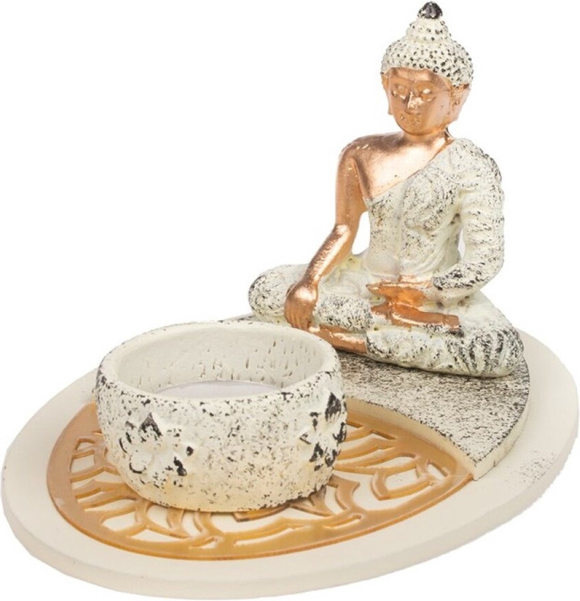 Boeddha beeld - goud - polystone - 12 x 15 x 9 cm - kaarsenhouder