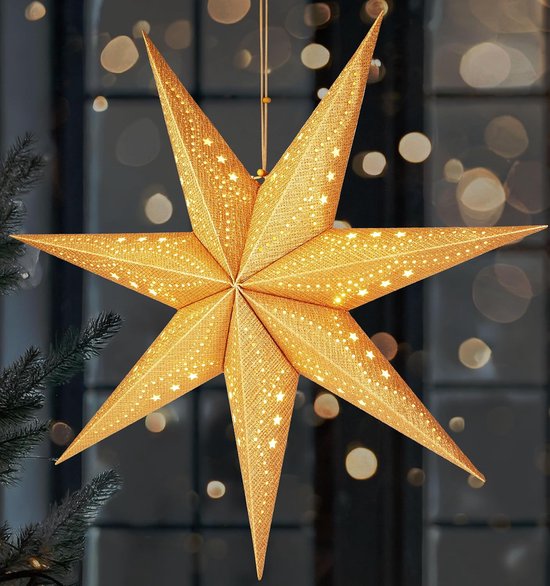 BRUBAKER 3D Kerstster om op te Hangen - LED Papieren Ster met Timer - 60 cm Adventster met Modern Patroon - Werkt op Batterijen en Verlicht - Kerstdecoratie Lichtster voor Venster - Goud
