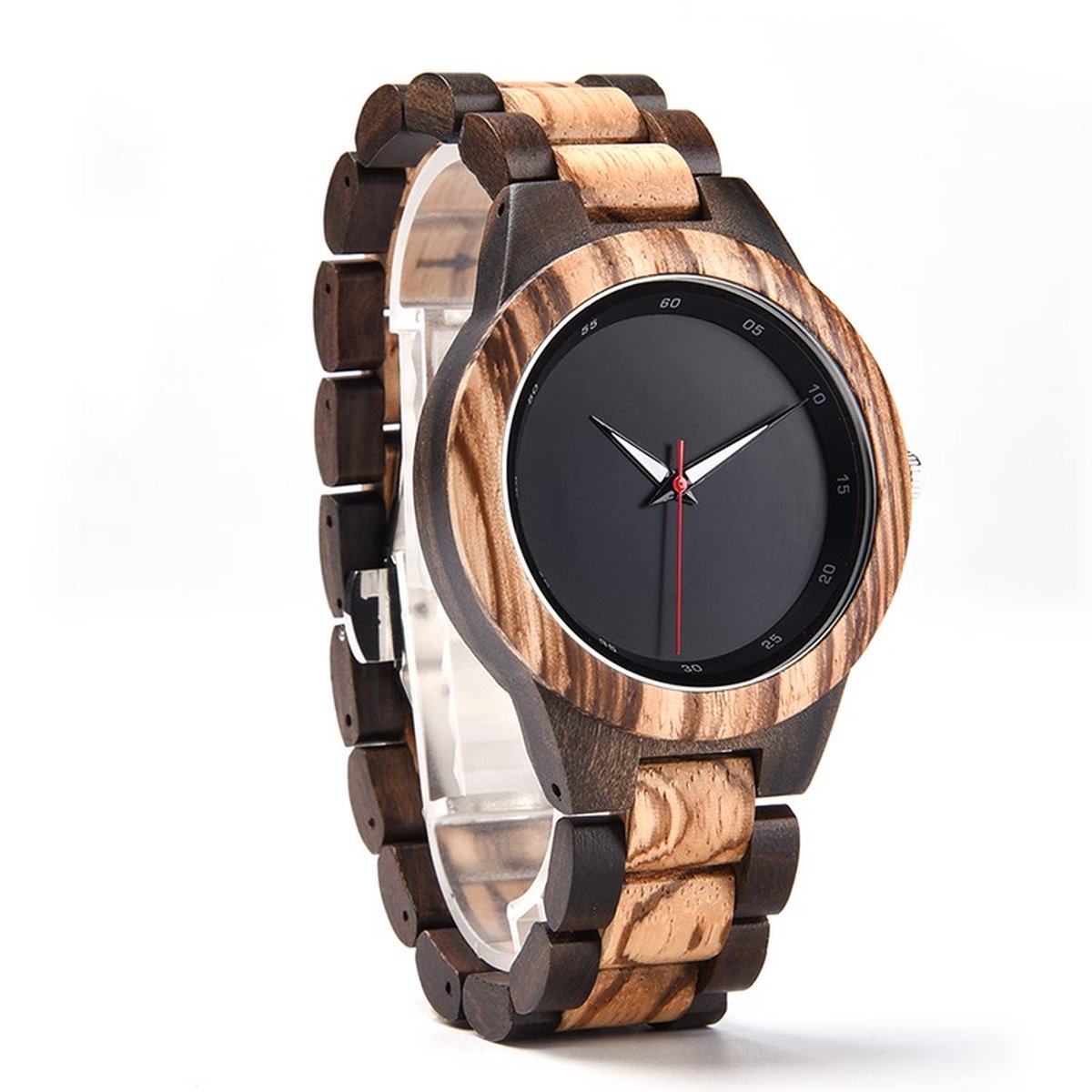 HO24-A08.1 : Licht Houten horloge, zwarte minutenplaat, lichtdonkere houten schakelband ** KADO edelsteen armband