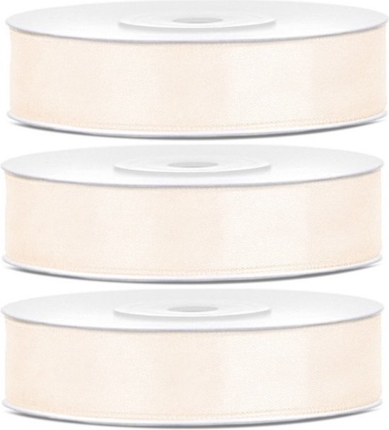 3x Hobby / décoration rubans satin crème clair 1,2 cm / 12 mm x 25 mètres - Rubans cadeaux rubans satin / rubans - Rubans crème clair - Matériel de loisirs - Matériel d'emballage