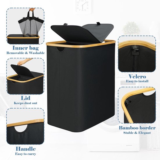 Lifewit 120L dubbele wasmand met deksel, extra grote bamboe wasmand vuile kleding mand, 2 secties wasbak organizer voor wasruimte slaapkamer met 2 verwijderbare voeringen en tassen, donkergrijs Lifewit 120L dubbele wasmand met deksel, extra grote bamboe wasmand vuile kleding mand, 2 secties wasbak organizer voor wasruimte slaapkamer met 2 verwijderbare voeringen en tassen, donkergrijs