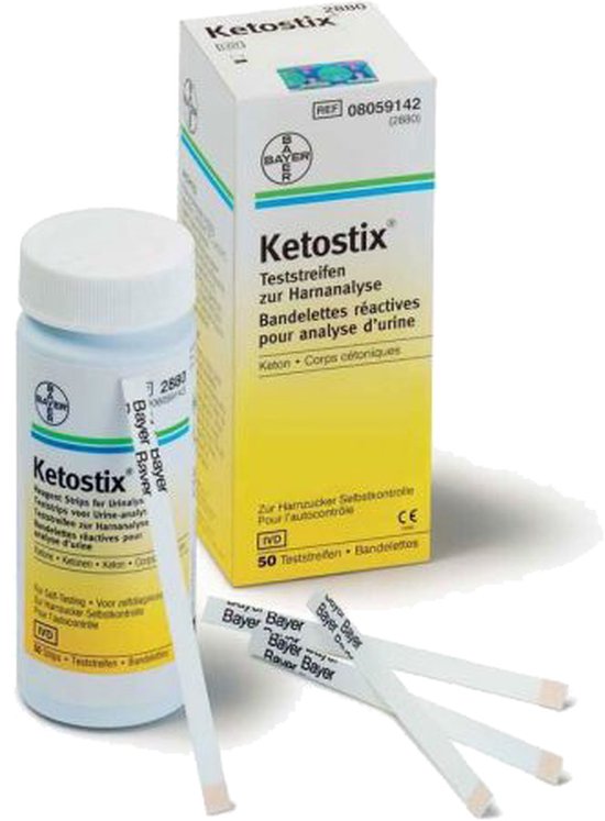 Ketostix doosje met potje en teststrips.
