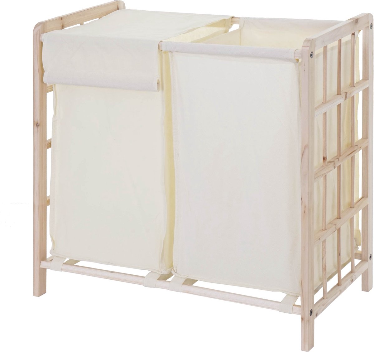 Goedkoopste Wasbak MCW-B60, Wasbox wasmand, massief hout 2 vakken 60x60x33cm 68l ~ lichtbruin, deksel crème