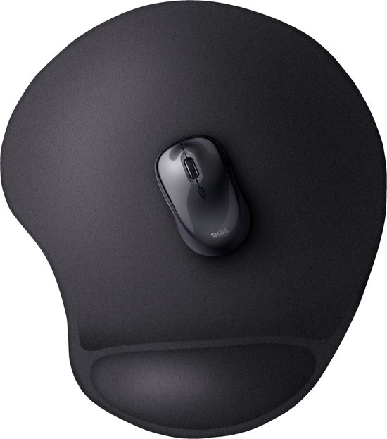 Tapis de souris noir avec repose-poignet, avec une souris dessus.