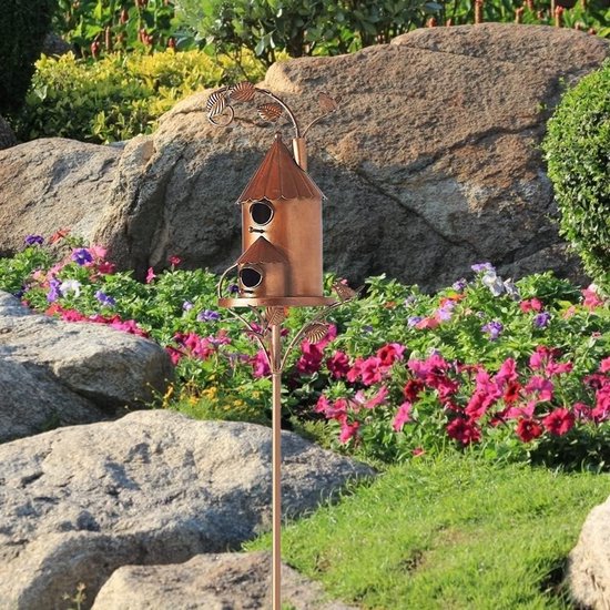 Metalen Vogelhuis met Paal, Koperen Huisje Vogelhuis Staken, Grote Vogelhuisjes voor Binnenplaats Achtertuin Patio Buitentuin Decor, Rustplaats voor Vogels, Kolibriehuis (D