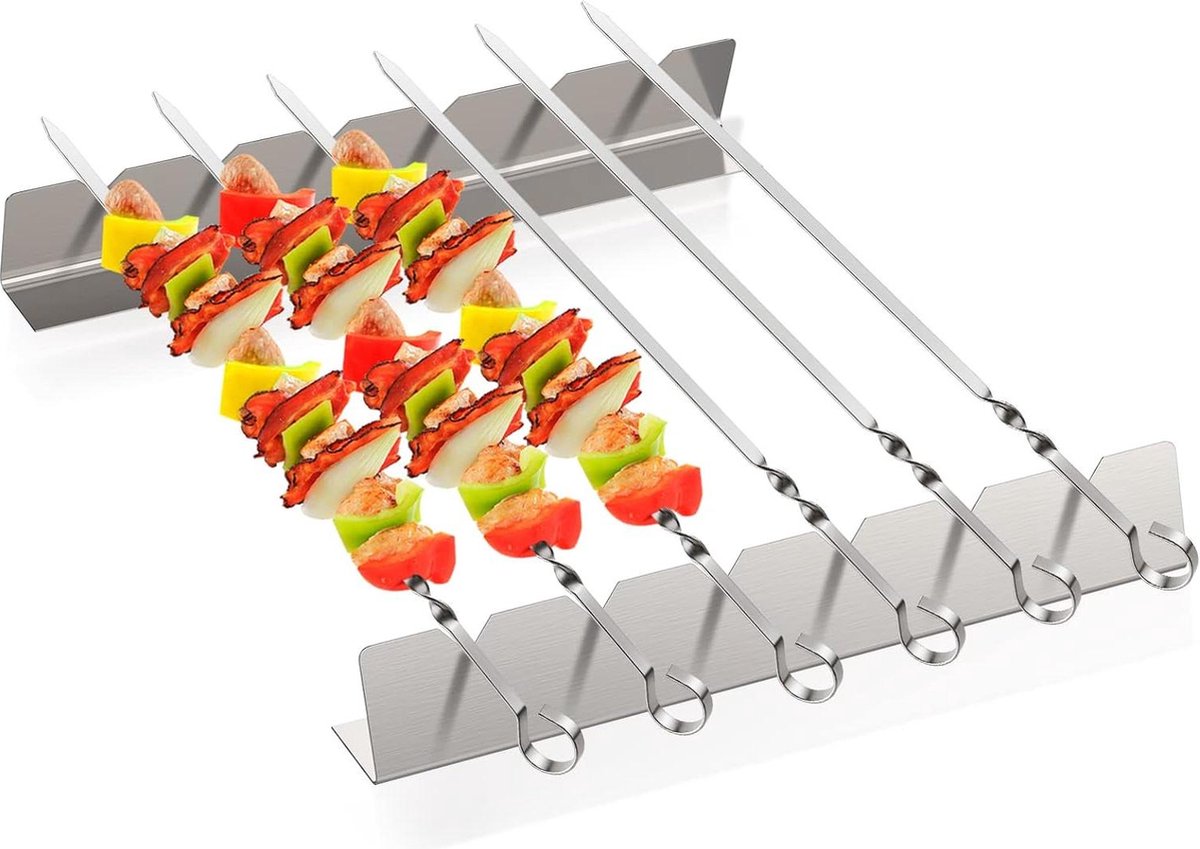 Grillspiesen van roestvrij staal - 6 stuks lange sjasliekspiesen met houder