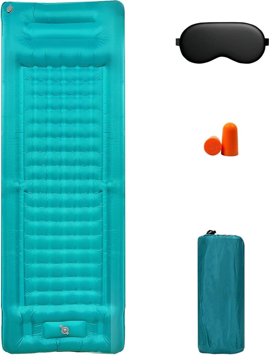 Zelfopblazende campingmat met kussen - Ultralicht luchtbed voor rugzakreizen - Zeeblauw Upgrade
