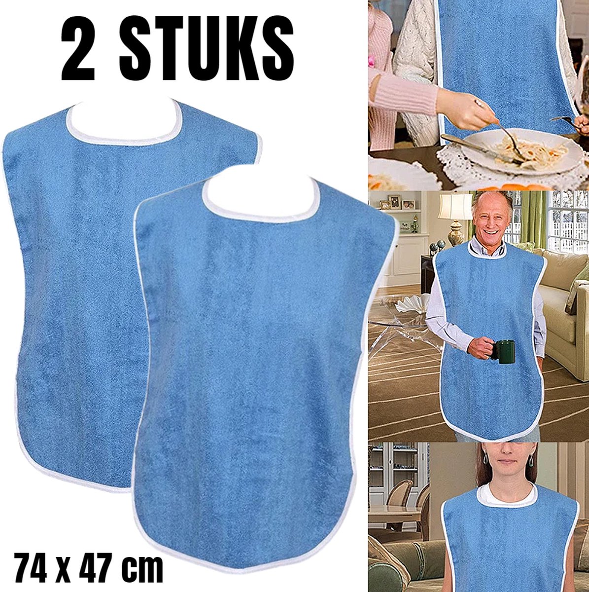 Goedkoopste Allernieuwste.nl® SET 2 STUKS Badstof Slabber voor Volwassenen LICHT BLAUW - Slab voor Senioren - Ouderen Servet - Schort Gehandicapten - Kledingbeschermers - Blauw 2 ST