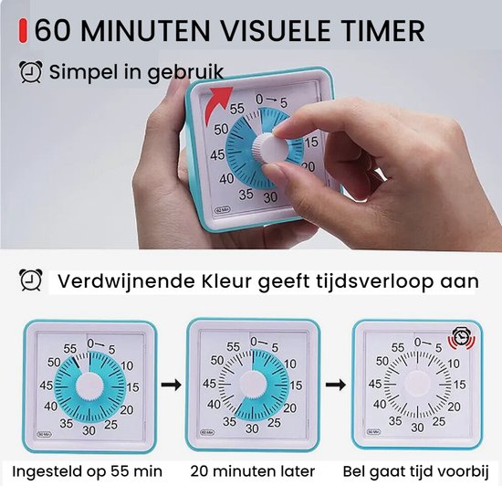 LIORQUE Visueller Timer 60 Minuten Countdown Timer für Kinder und Erwachsene Leiser Kurzzeitmesser mit Silikongehäuse Pausenfunktion wiederaufladbarem Akku für Küche Schule Büro