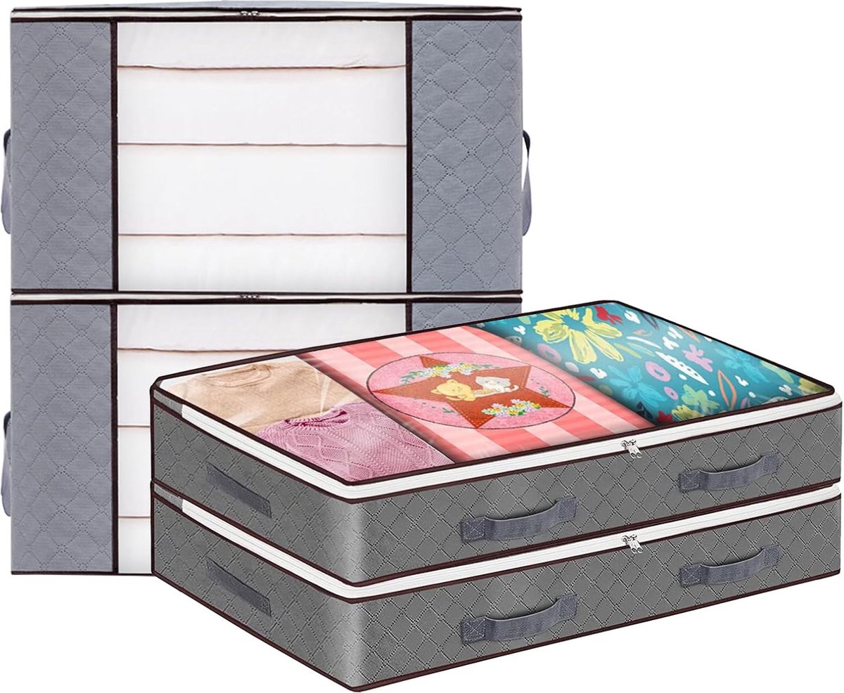 Set van 4 90 L Opbergzakken en Opbergbox voor onder het bed Verhuisdozen Opbergbox met Deksel Grijs Opvouwbaar met Ritssluiting Onderbedkast voor Kleren Dekbedden Dekens